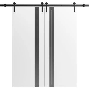Double Barn Door 36 x 80 inches | Planum 0444 White Silk with Black Inserts and Frosted Glass | 13FT Rail Track Set | Solid Panel Interior Doors