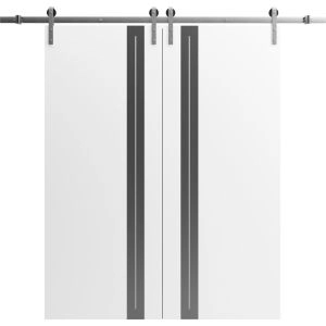 Double Barn Door 36 x 80 inches | Planum 0444 White Silk with Black Inserts and Frosted Glass | 13FT Silver Rail Track Set | Solid Panel Interior Doors