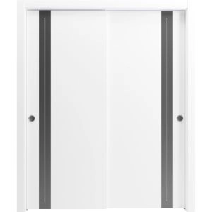 Sliding Closet Bypass Doors 36 x 80 inches | Planum 0444 White Silk with Black Inserts and Frosted Glass | Rails Hardware Set | Wood Solid Bedroom Wardrobe Doors