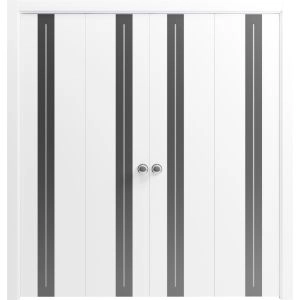 Sliding Closet Double Bi-fold Doors 72 x 80 inches | Planum 0444 White Silk with Black Inserts and Frosted Glass | Tracks Trims Hardware Set | Wood Solid Bedroom Wardrobe Doors