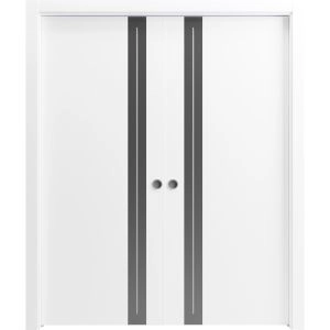 Sliding Double Pocket Doors 36 x 80 inches | Planum 0444 White Silk with Black Inserts and Frosted Glass | Kit Rail Hardware | Solid Wood Interior Bedroom Doors