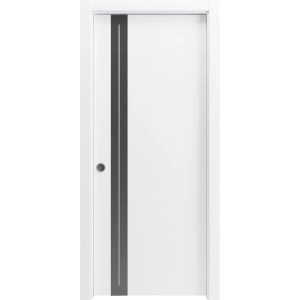 Sliding Pocket Door 18 x 84 inches | Planum 0444 White Silk with Black Inserts and Frosted Glass | Kit Rail Hardware | Solid Wood Interior Bedroom Doors