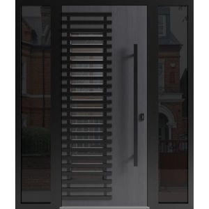 Front Exterior Aluminum Door / Ronex 0633 Grey / Prehung Entry Steel Metal Modern Painted W12+36+12"xH80" Right-hand Inswing