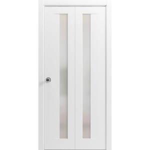 Sliding Closet Bi-fold Doors | Planum 0660 Painted White with Frosted Glass | Sturdy Tracks Moldings Trims Hardware Set | Wood Solid Bedroom Wardrobe Doors 