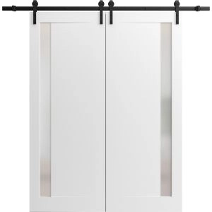 Sliding Double Barn Doors with Hardware | Planum 0660 Painted White with Frosted Glass | 13FT Rail Hangers Sturdy Set | Modern Solid Panel Interior Hall Bedroom Bathroom Door