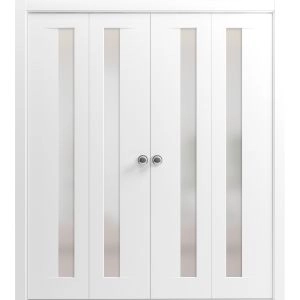 Sliding Closet Double Bi-fold Doors | Planum 0660 Painted White with Frosted Glass | Sturdy Tracks Moldings Trims Hardware Set | Wood Solid Bedroom Wardrobe Doors 