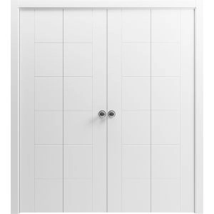 Sliding Closet Double Bi-fold Doors 72 x 80 inches | Mela 0716 Painted White | Sturdy Tracks Moldings Trims Hardware Set | Wood Solid Bedroom Wardrobe Doors
