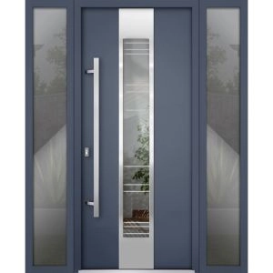 Front Exterior Prehung Steel Door / Deux 5755 Gray Graphite / 2 Sidelight Exterior Windows / Stainless Inserts Single Modern Painted-W16+36+16" x H80"-Right-hand Inswing