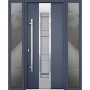 Front Exterior Prehung Steel Door / Deux 0757 Gray Graphite / 2 Sidelight Exterior Windows / Stainless Inserts Single Modern Painted-W16+36+16" x H80"-Right-hand Inswing