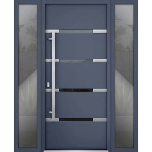 Front Exterior Prehung Steel Door / Deux 1105 Gray Graphite / 2 Sidelight Exterior Windows / Stainless Inserts Single Modern Painted-W16+36+16" x H80"-Right-hand Inswing