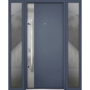 Front Exterior Prehung Steel Door / Deux 0729 Gray Graphite / 2 Sidelight Exterior Windows / Stainless Inserts Single Modern Painted-W16+36+16" x H80"-Right-hand Inswing