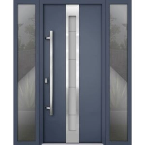 Front Exterior Prehung Steel Door / Deux 1717 Gray Graphite / Stainless Inserts Single Modern Painted-W68" x H80"-Right-hand Inswing