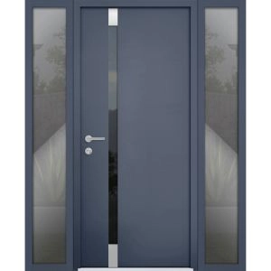 Front Exterior Prehung Steel Door / Cynex 6777 Grey / 2 Sidelight Exterior Windows / Stainless Inserts Single Modern Painted-W16+36+16" x H80"-Right-hand Inswing