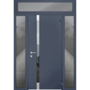 Front Exterior Prehung Steel Door / Cynex 6777 Grey / 2 Sidelight and Transom Window / Stainless Inserts Single Modern Painted-W12+32+12" x H80+16"-Right-hand Outswing