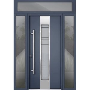 Front Exterior Prehung Steel Door / Deux 0757 Gray Graphite / 2 Sidelight and Transom Window / Stainless Inserts Single Modern Painted-W16+36+16" x H80+16"-Right-hand Inswing