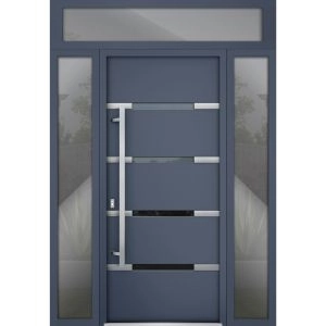 Front Exterior Prehung Steel Door / Deux 1105 Gray Graphite / 2 Sidelight and Transom Window / Stainless Inserts Single Modern Painted-W16+36+16" x H80+16"-Right-hand Inswing