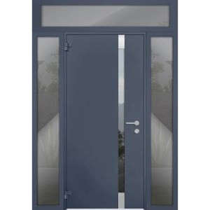 Front Exterior Prehung Steel Door / Cynex 6777 Grey / 2 Sidelight and Transom Window / Stainless Inserts Single Modern Painted-W12+32+12" x H80+16"-Left-hand Outswing