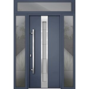 Front Exterior Prehung Steel Door / Deux 1717 Gray Graphite / Stainless Inserts Single Modern Painted-W60" x H96"-Right-hand Inswing