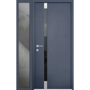 Front Exterior Prehung Steel Door / Cynex 6777 Grey / Sidelight Exterior Window / Stainless Inserts Single Modern Painted-W36+16" x H80"-Right-hand Inswing