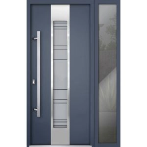 Front Exterior Prehung Steel Door / Deux 0757 Gray Graphite / Sidelight Exterior Window / Stainless Inserts Single Modern Painted-W36+16" x H80"-Right-hand Inswing