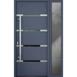 Front Exterior Prehung Steel Door / Deux 1105 Gray Graphite / Sidelight Exterior Window / Stainless Inserts Single Modern Painted-W36+16" x H80"-Right-hand Inswing