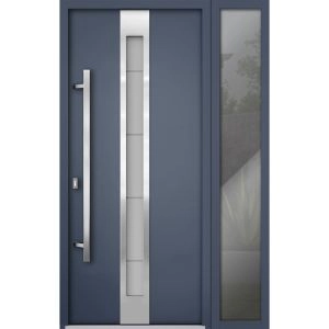 Front Exterior Prehung Steel Door / Deux 1717 Gray Graphite / Stainless Inserts Single Modern Painted-W52" x H80"-Right-hand Inswing