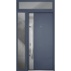 Front Exterior Prehung Steel Door / Deux 0729 Gray Graphite / Sidelight and Transom Window / Stainless Inserts Single Modern Painted-W36+16" x H80+16"-Right-hand Inswing