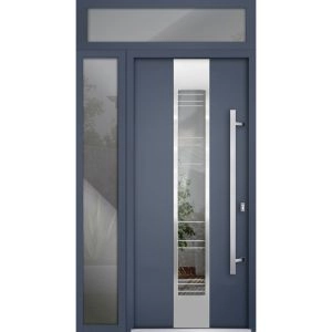 Front Exterior Prehung Steel Door / Deux 5755 Gray Graphite / Sidelight and Transom Window / Stainless Inserts Single Modern Painted-W36+14" x H80+16"-Left-hand Inswing