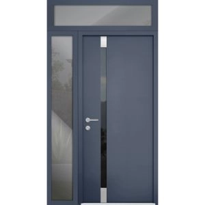 Front Exterior Prehung Steel Door / Cynex 6777 Grey / Sidelight and Transom Window / Stainless Inserts Single Modern Painted-W36+16" x H80+16"-Right-hand Inswing