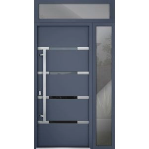 Front Exterior Prehung Steel Door / Deux 1105 Gray Graphite / Sidelight and Transom Window / Stainless Inserts Single Modern Painted-W36+12" x H80+16"-Right-hand Inswing