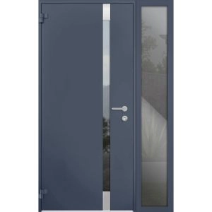 Front Exterior Prehung Steel Door / Cynex 6777 Grey / Sidelight Exterior Window / Stainless Inserts Single Modern Painted-W36+14" x H80"-Left-hand Outswing