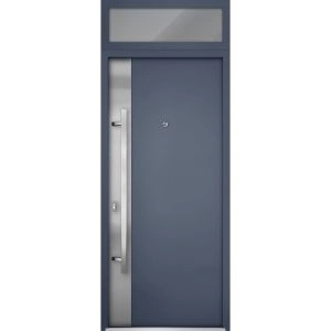 Front Exterior Prehung Steel Door / Deux 0729 Gray Graphite / Transom Window / Stainless Inserts Single Modern Painted-W36" x H80+16"-Right-hand Inswing