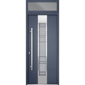 Front Exterior Prehung Steel Door / Deux 0757 Gray Graphite / Transom Window / Stainless Inserts Single Modern Painted-W36" x H80+16"-Right-hand Inswing