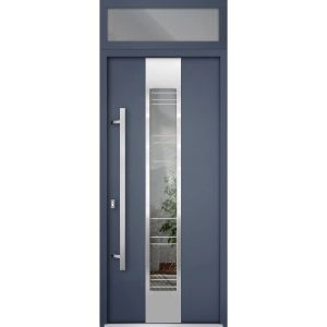 Front Exterior Prehung Steel Door / Deux 5755 Gray Graphite / Transom Window / Stainless Inserts Single Modern Painted-W36" x H80+16"-Right-hand Inswing