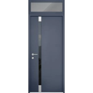 Front Exterior Prehung Steel Door / Cynex 6777 Grey / Transom Window / Stainless Inserts Single Modern Painted-W36" x H80+16"-Right-hand Inswing