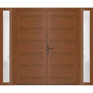 Front Exterior Prehung Metal-Plastic Double Doors / MANUX 8111 Walnut / 2 Sidelites Exterior WindoWLN / Office Commercial and Residential Doors Entrance Patio Garage 96" x 80" Right-Hand