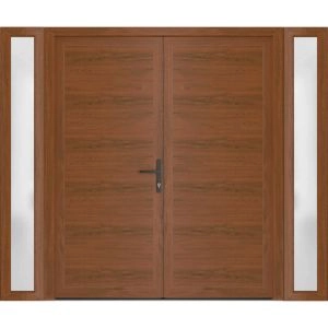 Front Exterior Prehung Metal-Plastic Double Doors / MANUX 8111 Walnut / 2 Sidelites Exterior WindoWLN / Office Commercial and Residential Doors Entrance Patio Garage 96" x 80" Left-Hand