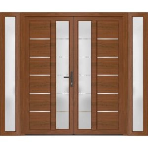 Front Exterior Prehung Metal-Plastic Double Doors / MANUX 8088 Walnut / 2 Sidelites Exterior WindoWLN / Office Commercial and Residential Doors Entrance Patio Garage 96" x 80" Left-Hand