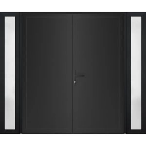 Front Exterior Prehung Metal-Plastic Double Doors / MANUX 8111 Matte Black / 2 Sidelites Exterior Windows / Office Commercial and Residential Doors Entrance Patio Garage 96" x 80" Right-Hand