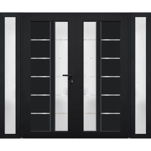 Front Exterior Prehung Metal-Plastic Double Doors / MANUX 8088 Matte Black / 2 Sidelites Exterior Windows / Office Commercial and Residential Doors Entrance Patio Garage 96" x 80" Left-Hand