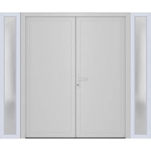 Front Exterior Prehung Metal-Plastic Double Doors / MANUX 8111 White Silk / 2 Sidelites Exterior Windows / Office Commercial and Residential Doors Entrance Patio Garage 96" x 80" Right-Hand