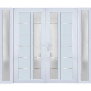 Front Exterior Prehung Metal-Plastic Double Doors / MANUX 8088 White Silk / 2 Sidelites Exterior Windows / Office Commercial and Residential Doors Entrance Patio Garage 96" x 80" Right-Hand