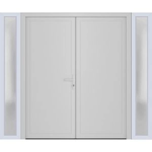 Front Exterior Prehung Metal-Plastic Double Doors / MANUX 8111 White Silk / 2 Sidelites Exterior Windows / Office Commercial and Residential Doors Entrance Patio Garage 96" x 80" Left-Hand