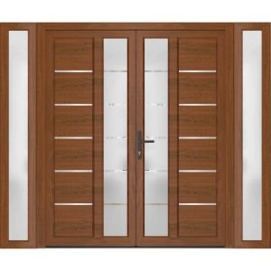 Front Exterior Prehung Metal-Plastic Double Doors / MANUX 8088 Walnut / 2 Sidelites Exterior WindoWLN / Office Commercial and Residential Doors Entrance Patio Garage 96" x 80" Right-Hand