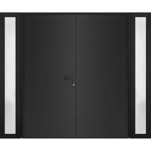 Front Exterior Prehung Metal-Plastic Double Doors / MANUX 8111 Matte Black / 2 Sidelites Exterior Windows / Office Commercial and Residential Doors Entrance Patio Garage 96" x 80" Left-Hand