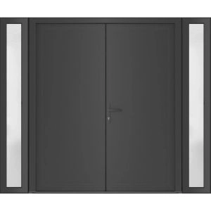 Front Exterior Prehung Metal-Plastic Double Doors / MANUX 8111 Antracite / 2 Sidelites Exterior WindoANT / Office Commercial and Residential Doors Entrance Patio Garage 96" x 80" Right-Hand