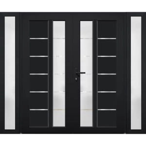 Front Exterior Prehung Metal-Plastic Double Doors / MANUX 8088 Matte Black / 2 Sidelites Exterior Windows / Office Commercial and Residential Doors Entrance Patio Garage 96" x 80" Right-Hand