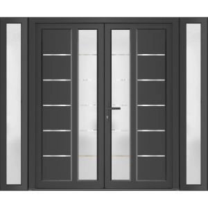 Front Exterior Prehung Metal-Plastic Double Doors / MANUX 8088 Antracite / 2 Sidelites Exterior WindoANT / Office Commercial and Residential Doors Entrance Patio Garage 96" x 80" Right-Hand