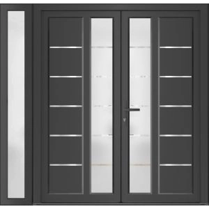 Front Exterior Prehung Metal-Plastic Double Doors / MANUX 8088 Antracite / Sidelite Exterior Window / Office Commercial and Residential Doors Entrance Patio Garage 84" x 80" Right-Hand