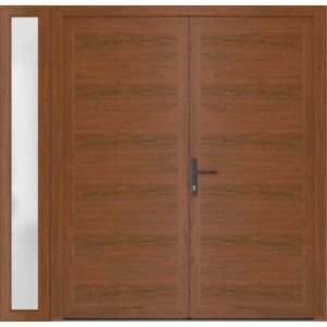Front Exterior Prehung Metal-Plastic Double Doors / MANUX 8111 Walnut / Sidelite Exterior Window / Office Commercial and Residential Doors Entrance Patio Garage 84" x 80" Right-Hand